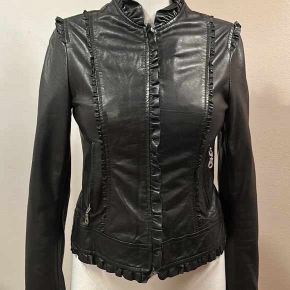 ❌Kenna-t Black Soft Leather Bomber Biker Moto Jacket Ruffle Leopard Lining Small - Picture 10 of 14